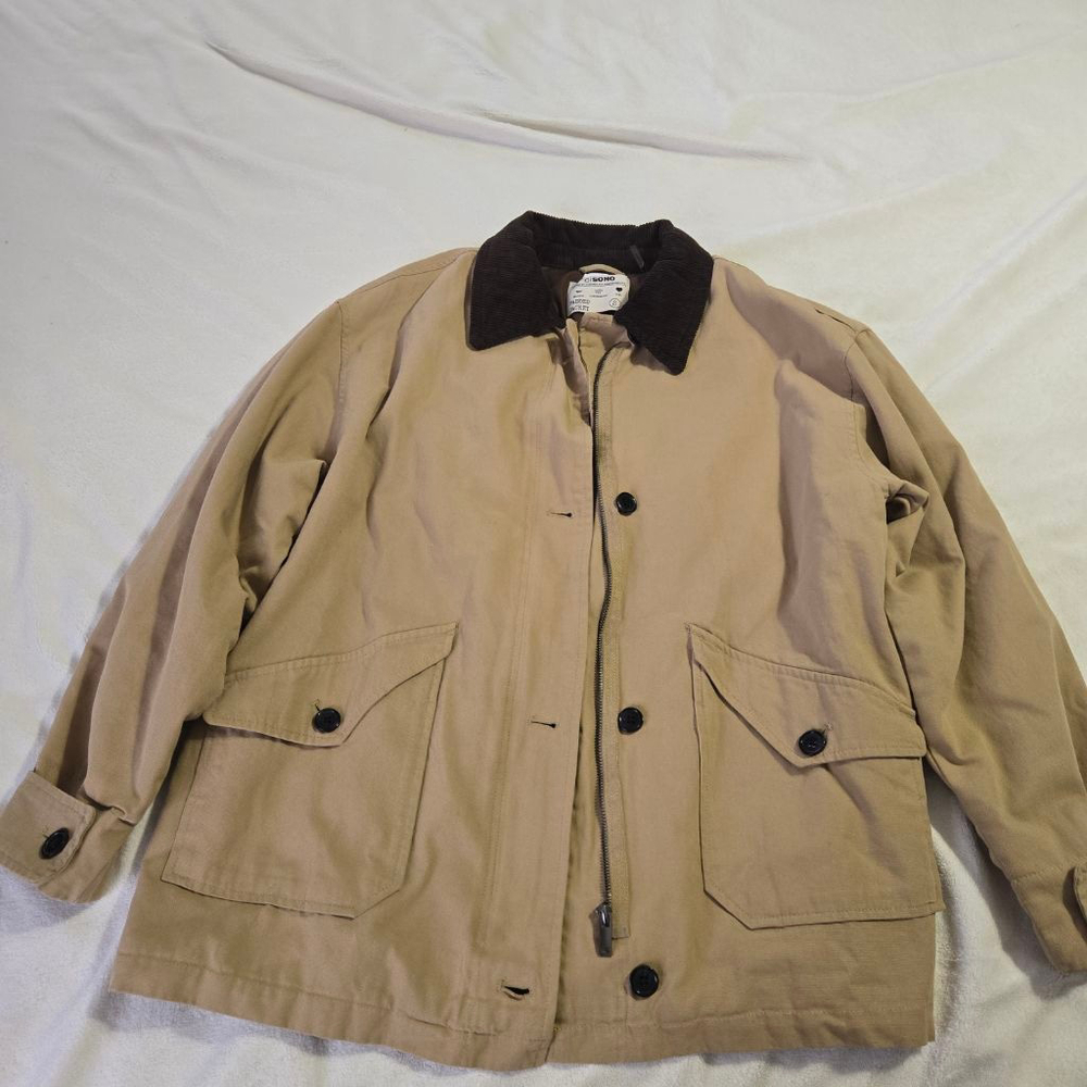 Women's CISONO Khaki Padded Utility Barn Jacket with Brown Corduroy Collar Sz S - Picture 3 of 14